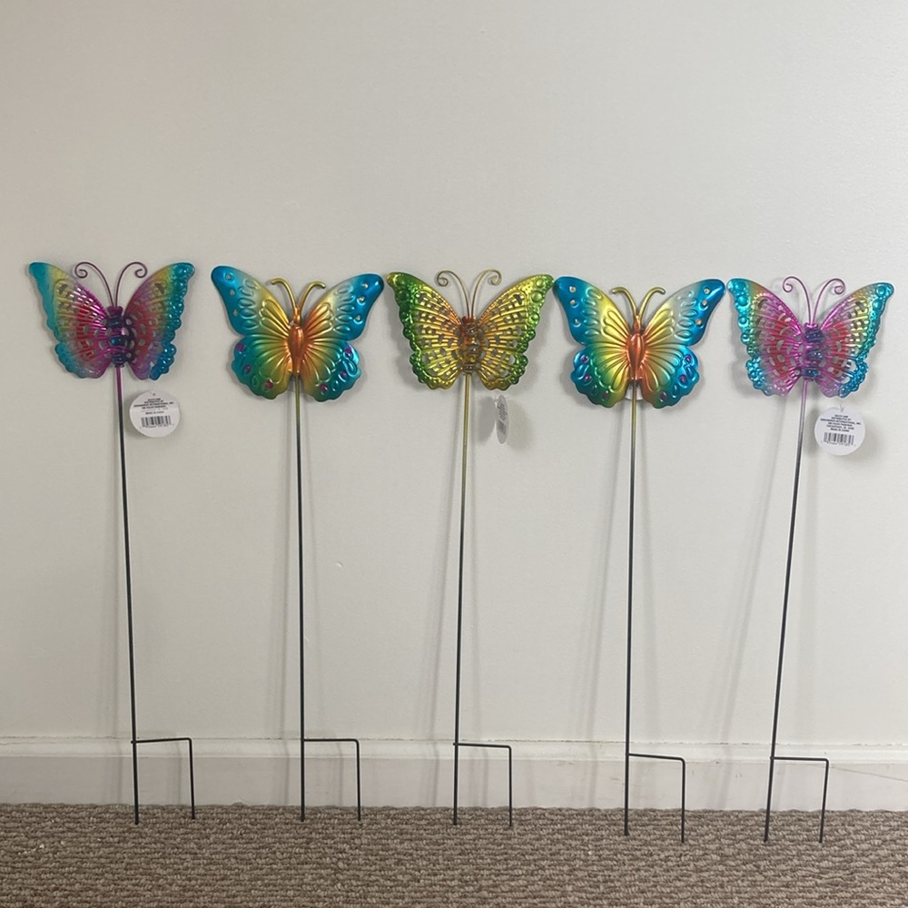 NWT- Set of 5- Colorful Painted Metal Butterfly 🦋 Yard Stakes w/ Marble Bodies - Picture 17 of 17